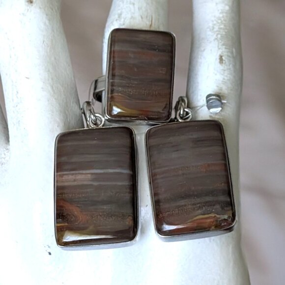 NWT Russian Russia Sterling Silver 925 Brown Petrified Wood Earrings & Ring Set - Picture 3 of 16